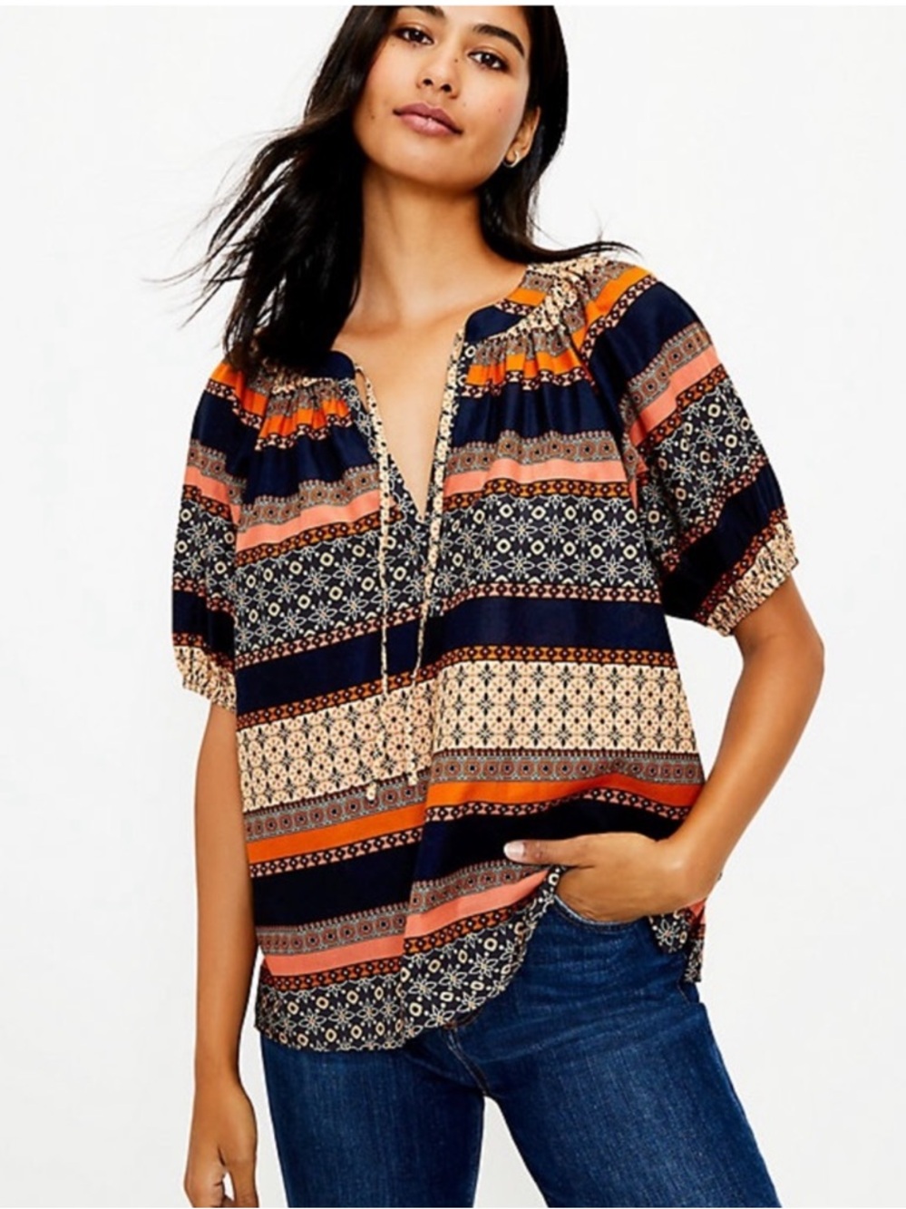 LOFT Navy, Orange & Cream Printed Peasant Blouse